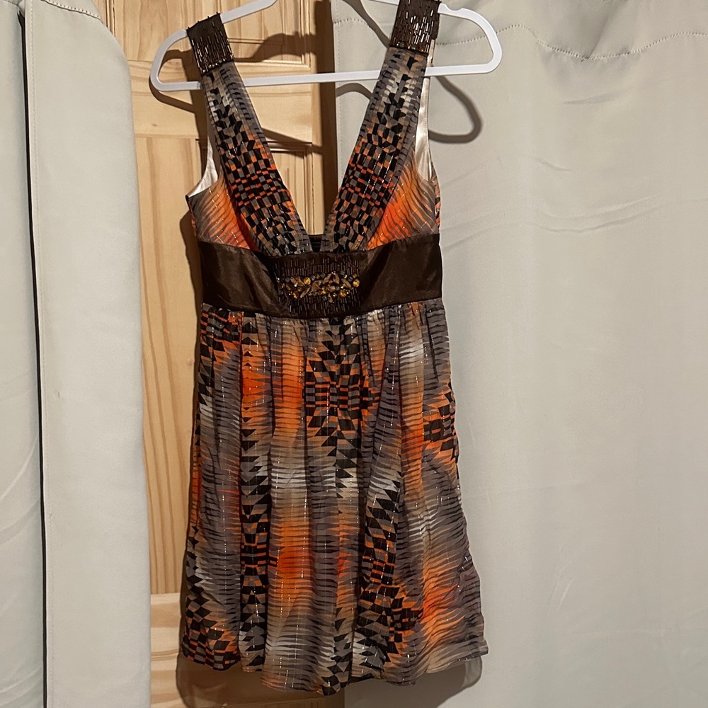 BCBG Geometric Patterned Dress with Orange and Brown Accents